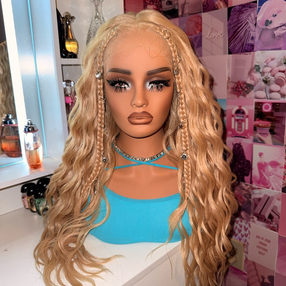 Luxury Boho Blonde Lace Front Wig – Braided Front w/ Jewelry – Long Wavy – Ready